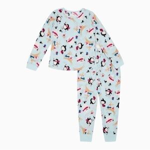 NWT Girls Thermal Pajamas 3 Piece Set with Sleep Mask Holiday Penguin Reindeer